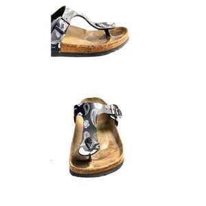 Birkenstock Papillio Womens Black Floral Gizeh Sandals Cork Footbed Size 7 M4 EU